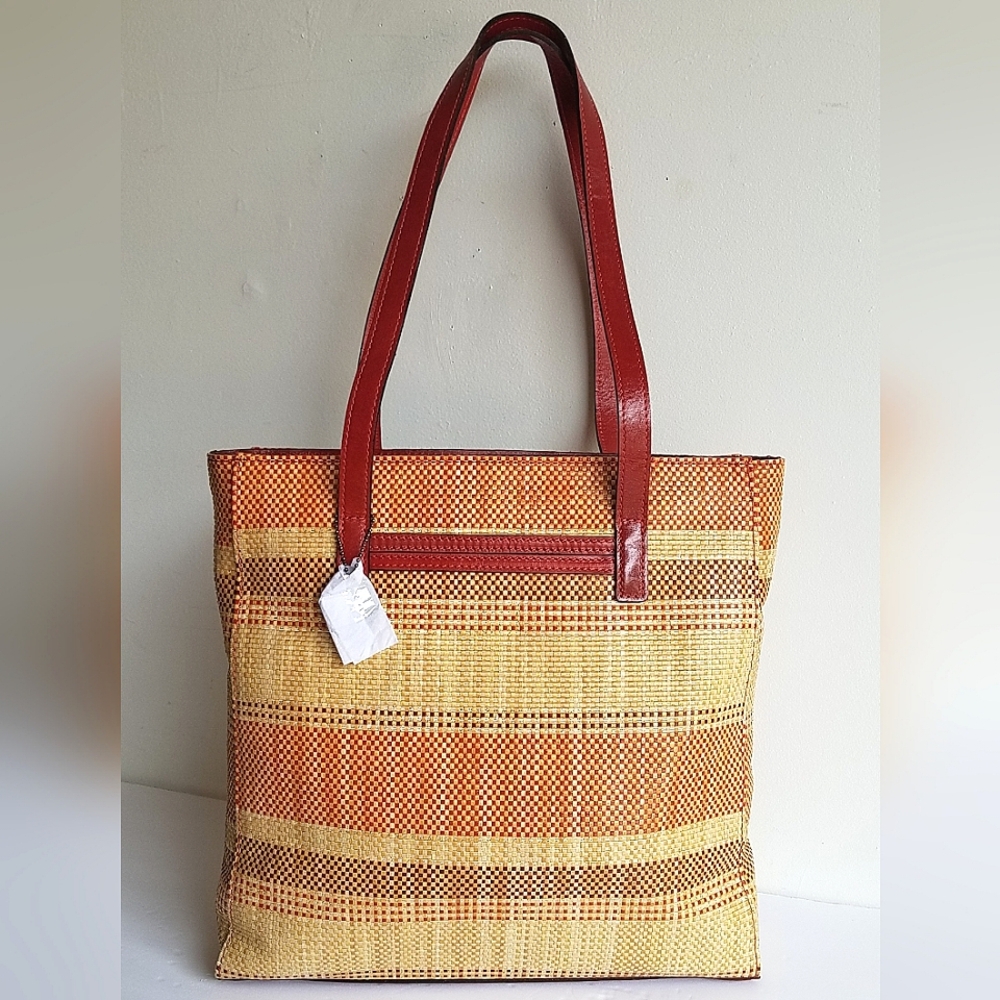 Patricia Nash Italian Fine Straw Multi Weave & Leather Viana Ochre Tote Bag - Picture 2 of 15
